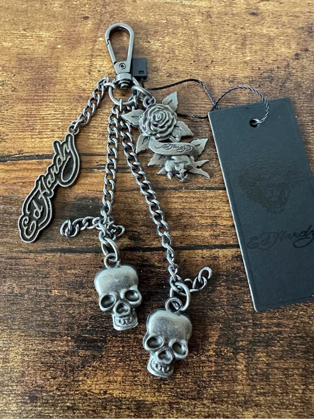 Ed Hardy Silver-Tone Skull & Rose Bag Charm Keychain Gunmetal Chains NWT